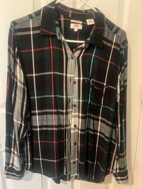 Levi's Black Plaid Button-Down Shirt with Green & Red Accents